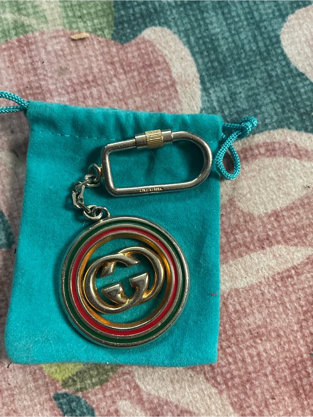 Gucci Gold-Tone Double G Keychain with Red, Green, Yellow, Orange Enamel Rings